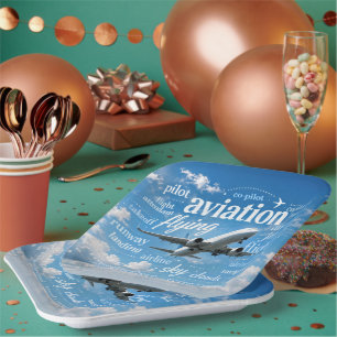 Aeroplane Flying in a Word Cloud Paper Plate