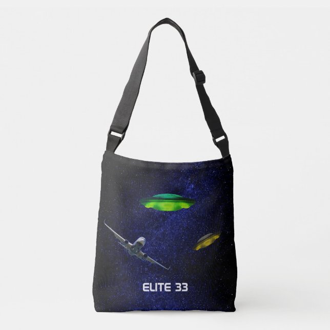 Aeroplane, flying saucers & galaxy background crossbody bag (Front)