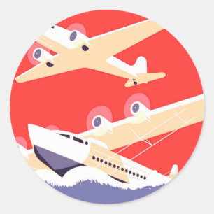 Aeroplane Flying Vintage WPA Colourful Classic Round Sticker