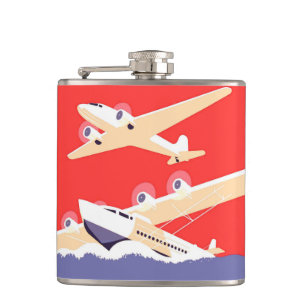 Aeroplane Flying Vintage WPA Colourful Hip Flask