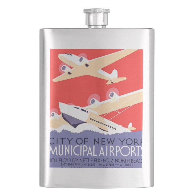 Aeroplane Flying Vintage WPA Colourful Hip Flask (Front)