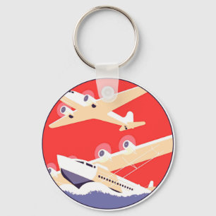 Aeroplane Flying Vintage WPA Colourful Key Ring