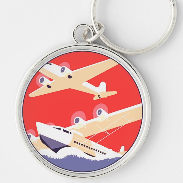 Aeroplane Flying Vintage WPA Colourful Key Ring (Front)