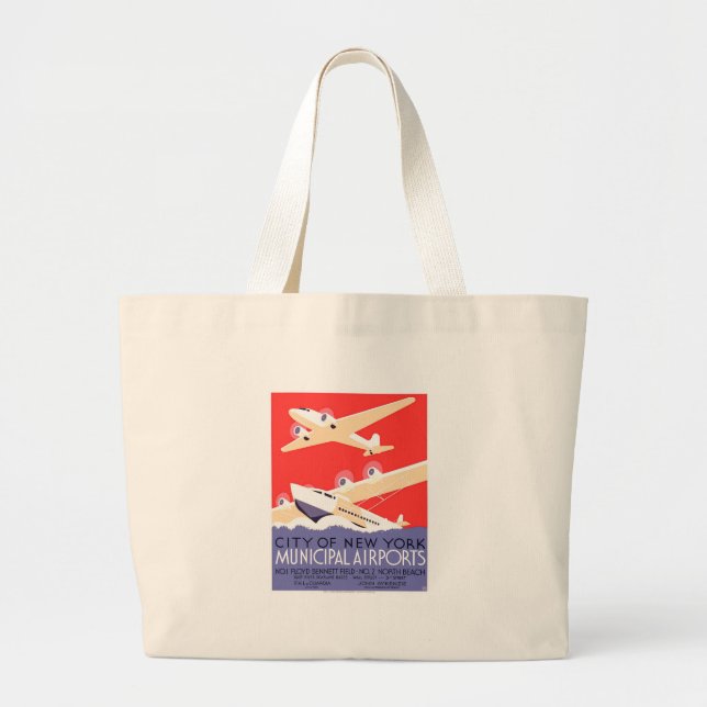 Aeroplane Flying Vintage WPA Colourful Large Tote Bag (Front)