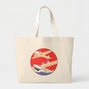 Aeroplane Flying Vintage WPA Colourful Large Tote Bag