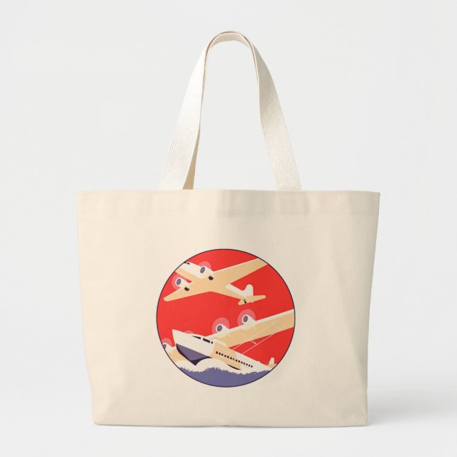 Aeroplane Flying Vintage WPA Colourful Large Tote Bag (Front)