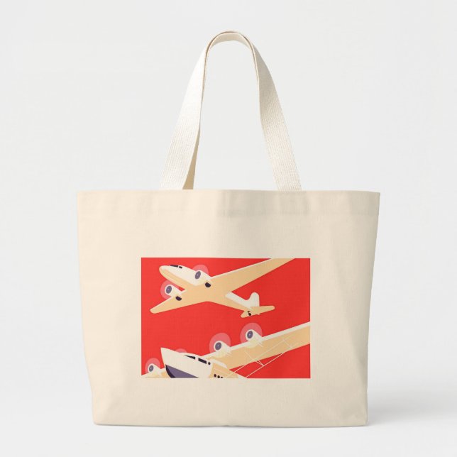 Aeroplane Flying Vintage WPA Colourful Large Tote Bag (Front)