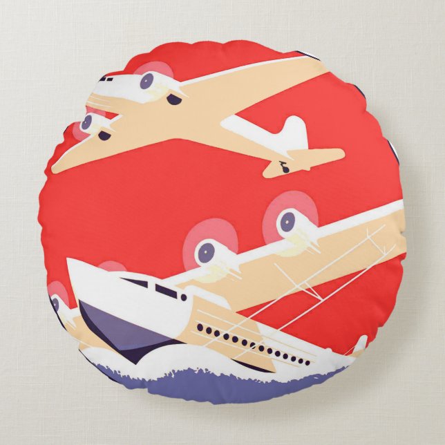 Aeroplane Flying Vintage WPA Colourful Round Cushion (Front)