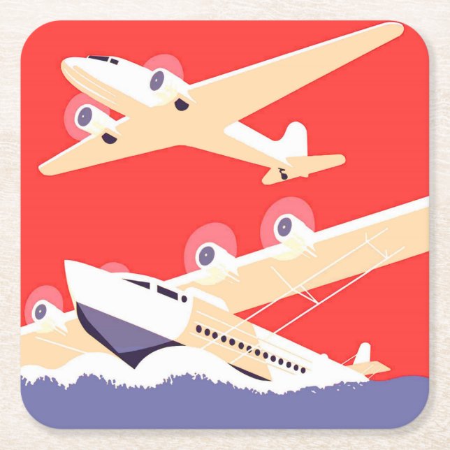Aeroplane Flying Vintage WPA Colourful Square Paper Coaster (Front)