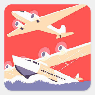 Aeroplane Flying Vintage WPA Colourful Square Sticker
