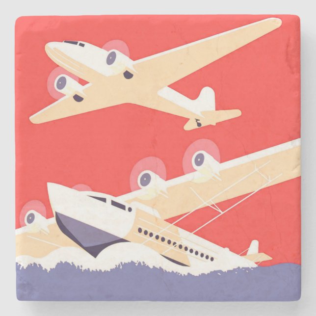 Aeroplane Flying Vintage WPA Colourful Stone Coaster (Front)