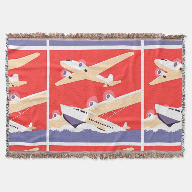 Aeroplane Flying Vintage WPA Colourful Throw Blanket (Front)