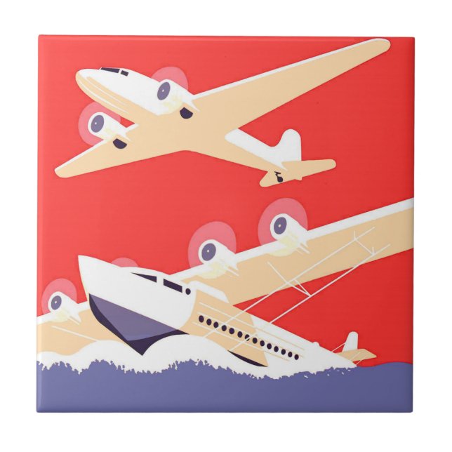 Aeroplane Flying Vintage WPA Colourful Tile (Front)