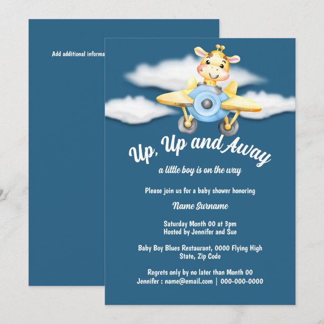Aeroplane giraffe baby shower blue pilot plane invitation (Front/Back)