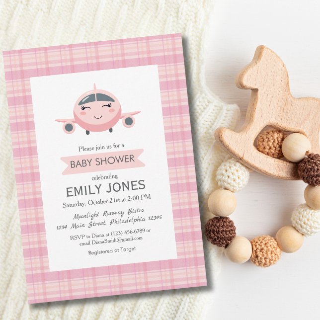 Aeroplane Girl Cute Baby Shower Pink and Grey Invitation (Creator Uploaded)