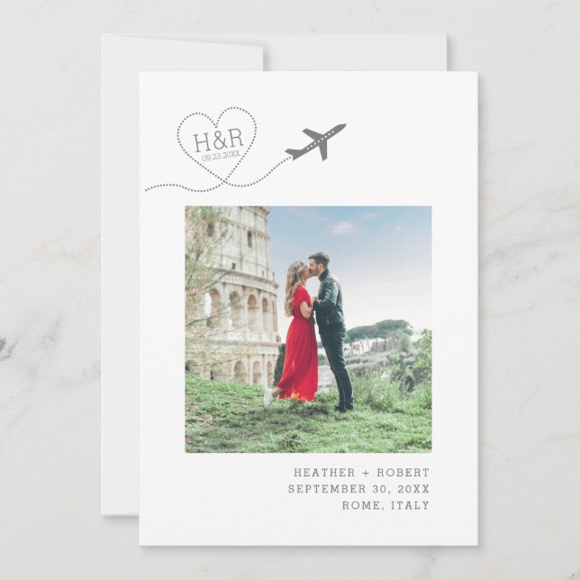 Aeroplane Heart Monogram Destination Wedding Photo Save The Date (Front)