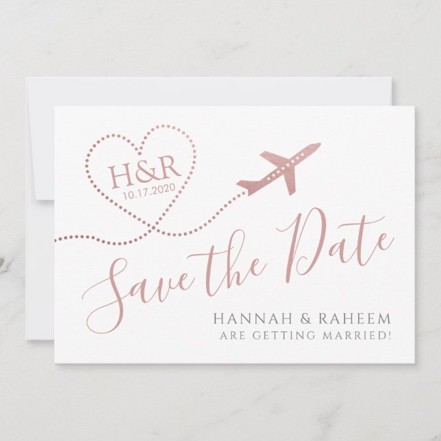 Aeroplane Heart Pink Cute Destination Wedding Save The Date (Front)