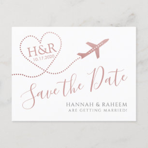 Aeroplane Heart Pink Destination Wedding Save Date Announcement Postcard