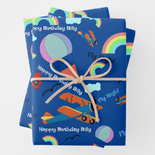 Aeroplane Hot Air Balloon Add Boy's Name Birthday  Wrapping Paper Sheet