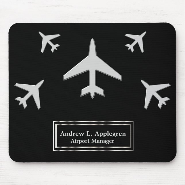 Aeroplane in a Faux Silver on Black Mouse Mat (Front)
