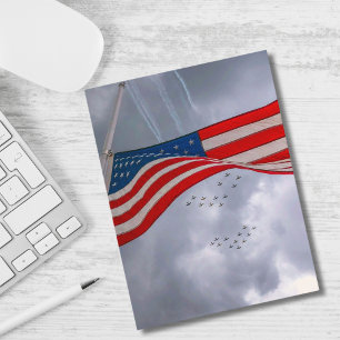 Aeroplane in Sky & American Flag, Fun, Patriotic Holiday Postcard