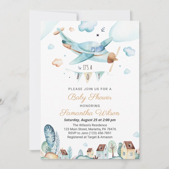 Aeroplane It's a Boy Baby Shower Invitation (Front)
