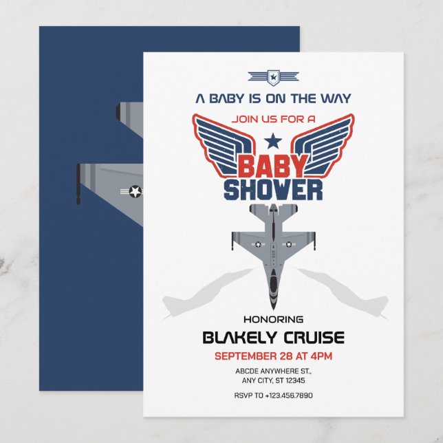 Aeroplane jet baby shower invitation (Front/Back)