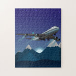 Aeroplane. Jumbo jet. Jigsaw Puzzle<br><div class="desc">Flying multi-engine aeroplane exclusive vector design,  blue colours. Jumbo jet. Mountains,  sun and stars in the background.</div>