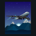 Aeroplane. Jumbo jet. Poster<br><div class="desc">Flying multi-engine aeroplane exclusive vector design,  blue colours. Jumbo jet. Mountains,  sun and stars in the background.</div>