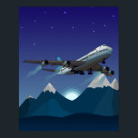 Aeroplane. Jumbo jet. Poster<br><div class="desc">Flying multi-engine aeroplane exclusive vector design,  blue colours. Jumbo jet. Mountains,  sun and stars in the background.</div>