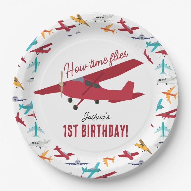 Aeroplane Kids 1st Birthday Party Time Flies Paper Plate (Front)