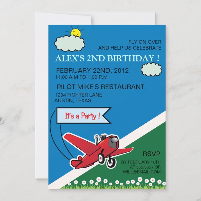 Aeroplane Landing - kids birthday invitation (Front)
