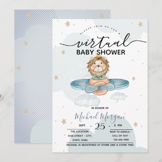 Aeroplane Lion Clouds Dots Virtual Baby Shower Invitation (Front/Back)