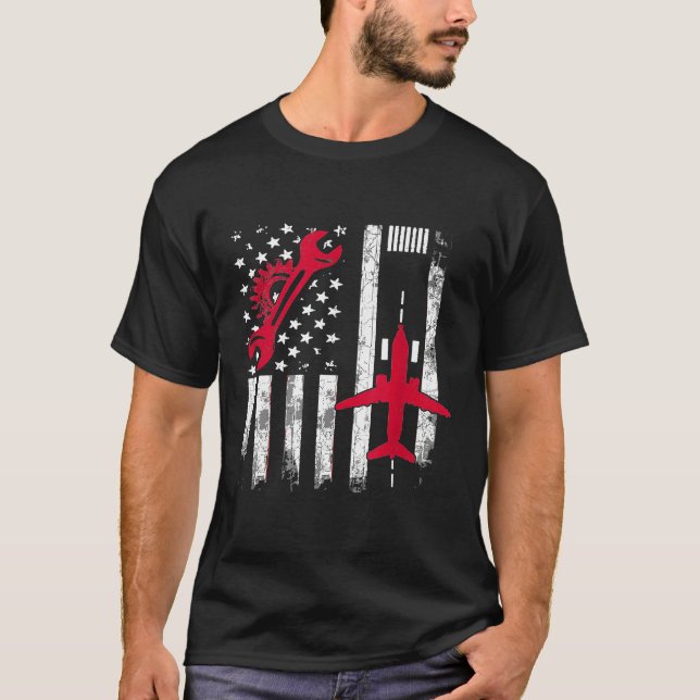 Aeroplane Mechanic Us Flag Aviation Technician T-Shirt (Front)