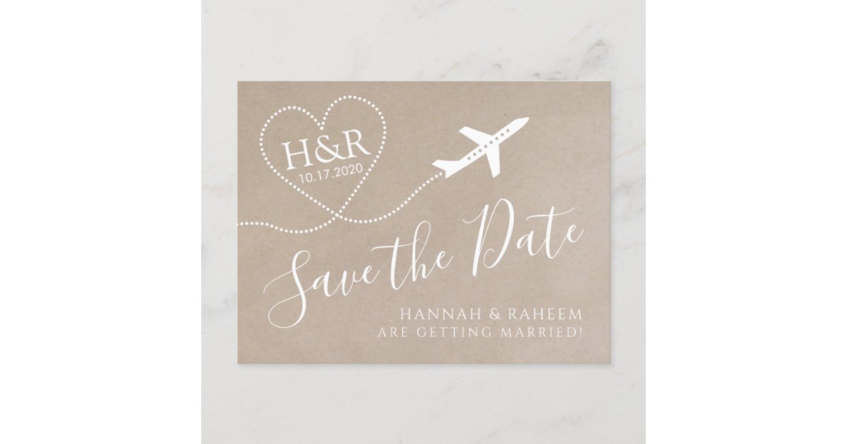 Aeroplane Monogram Kraft Destination Wedding Date Announcement Postcard ...