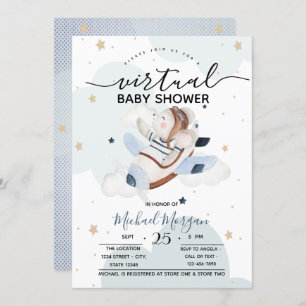Aeroplane Mouse Clouds Dots Virtual Baby Shower Invitation