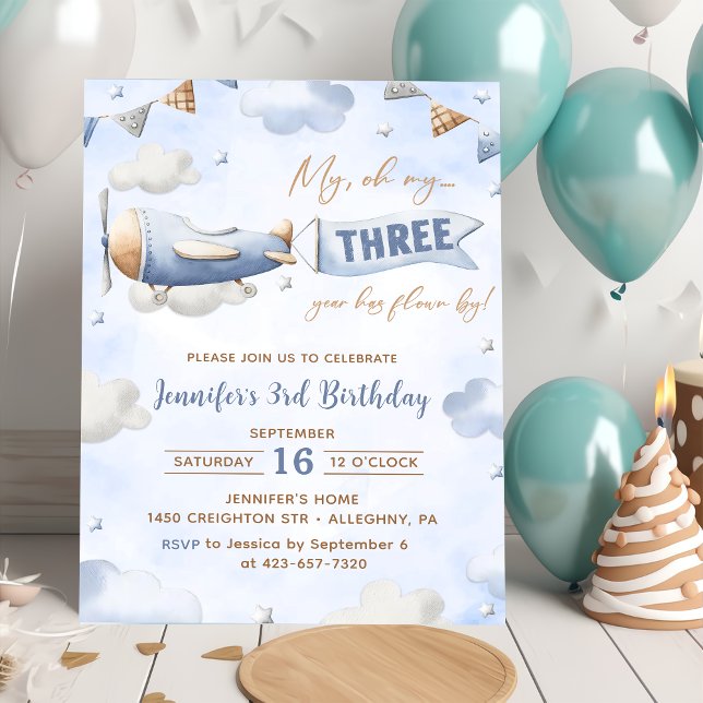 Aeroplane Oh My Time Flies Travel 3rd Birthday  Invitation (Creator Uploaded)