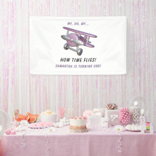Aeroplane Oh My Time Flies Travel First Birthday Banner