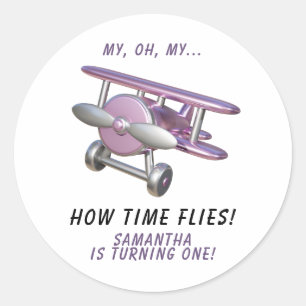 Aeroplane Oh My Time Flies Travel First Birthday Classic Round Sticker