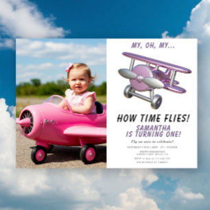 Aeroplane Oh My Time Flies Travel First Birthday Invitation