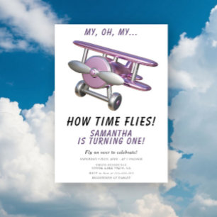 Aeroplane Oh My Time Flies Travel First Birthday Invitation