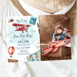 Aeroplane Oh My Time Flies Travel First Birthday Invitation