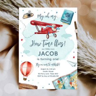 Aeroplane Oh My Time Flies Travel First Birthday Invitation