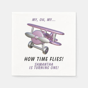 Aeroplane Oh My Time Flies Travel First Birthday Napkin