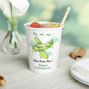Aeroplane Oh My Time Flies Travel First Birthday Paper Cups