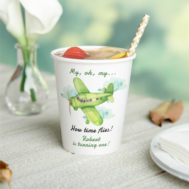 Aeroplane Oh My Time Flies Travel First Birthday  Paper Cups (Insitu)