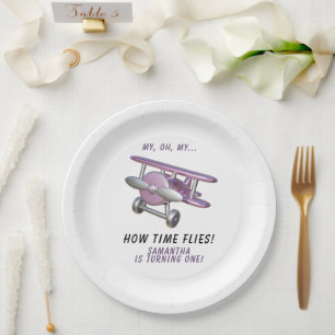 Aeroplane Oh My Time Flies Travel First Birthday Paper Plate