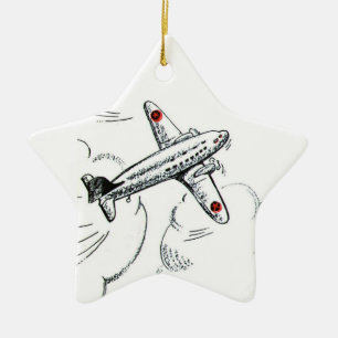 Aeroplane Old Fashioned Drawing Aviation Ceramic Tree Decoration
