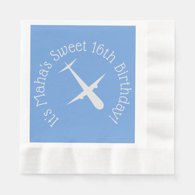 Aeroplane on Blue Personalised Coined Napkin (Front)