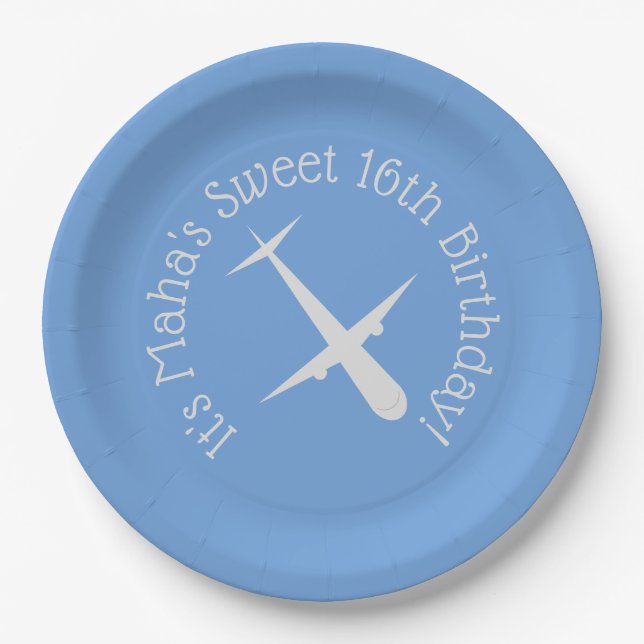 Aeroplane on Blue Personalised Paper Plate (Front)